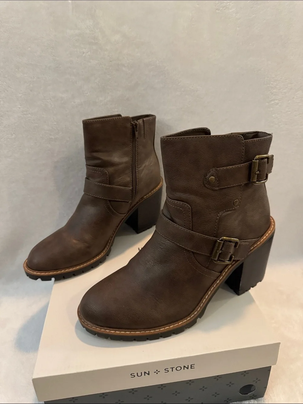 Sun + Stone Dark Taupe Leather Buckle Ankle Boots
